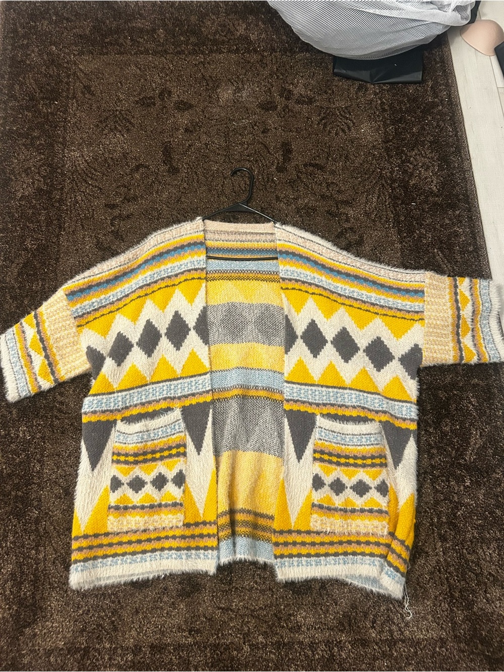Three Bird Nest Geometric Open-Front Cardigan in Yellow, Gray & Cream